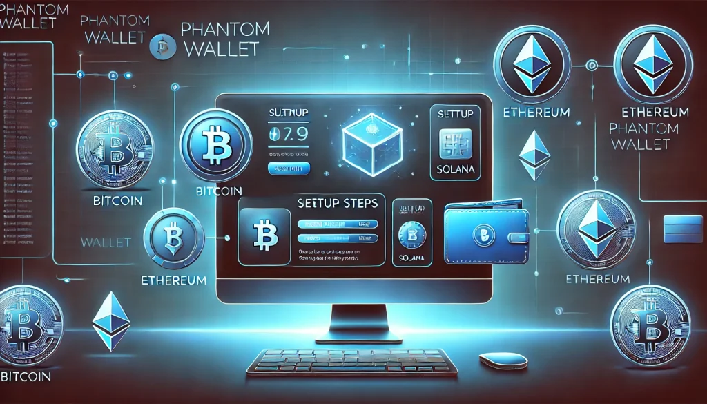 A computer screen displaying the Phantom Wallet setup process with cryptocurrency icons floating around.