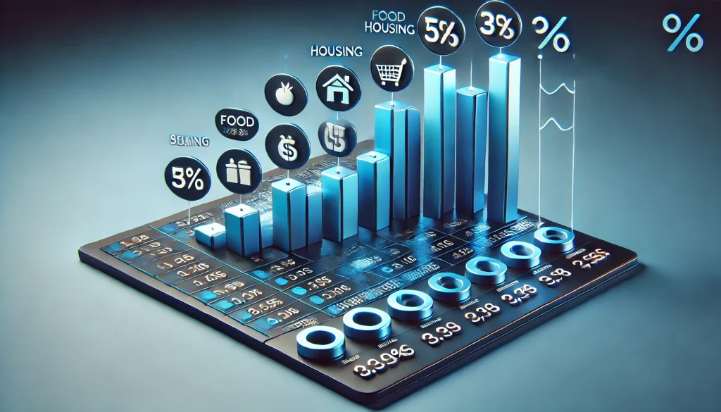 A bar chart displaying inflation rate over time with icons representing food, housing, and transportation costs.