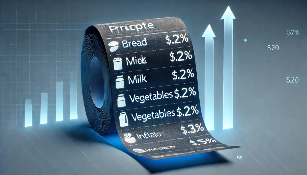 A grocery receipt showing rising prices for basic items like bread, milk, and vegetables due to inflation.