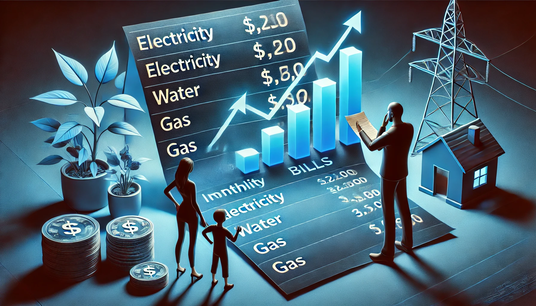 A family comparing monthly utility bills, with higher costs highlighted to illustrate inflation's impact on household expenses.