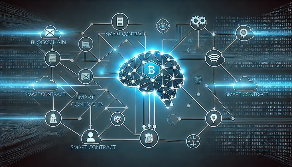 A digital illustration of blockchain with highlighted smart contract automating secure transactions between multiple parties.