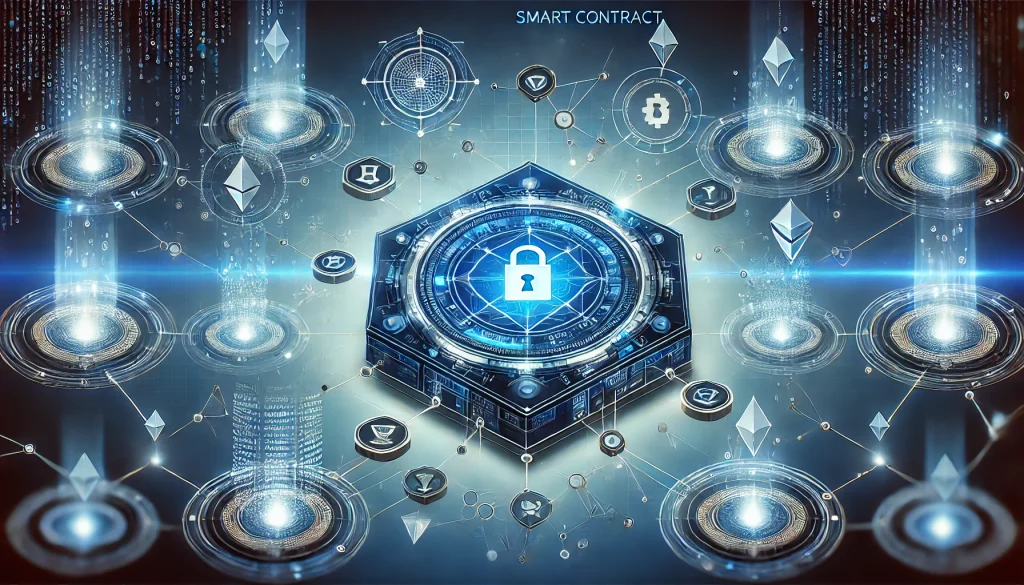 A futuristic image of encrypted smart contracts enabling automated agreements within a transparent blockchain ecosystem.