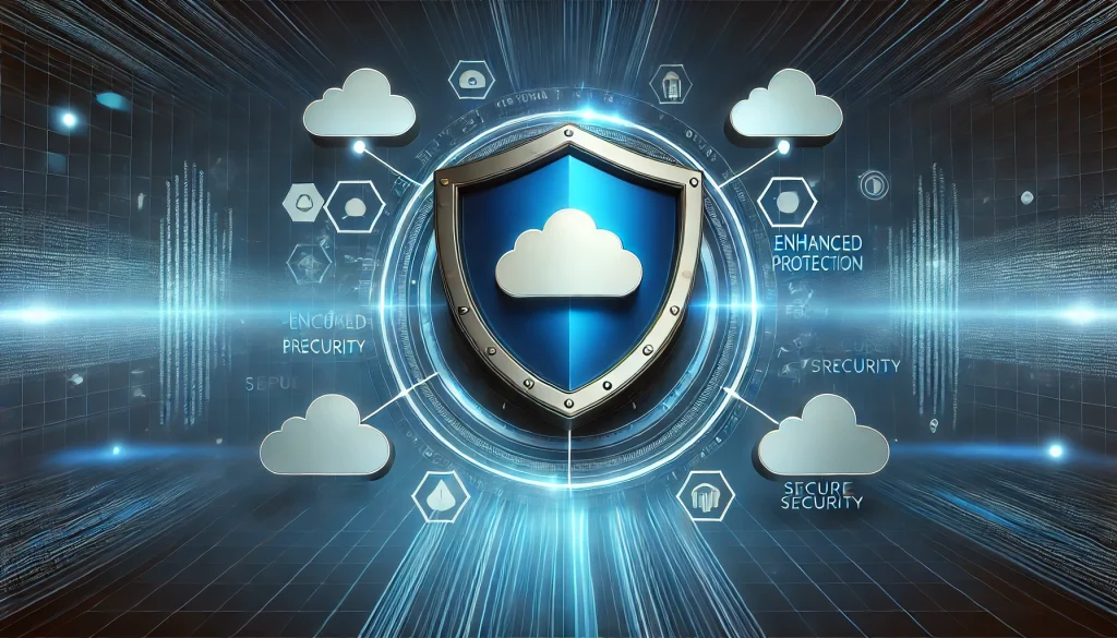 Cloud computing security concept with data shield icon for enhanced protection.