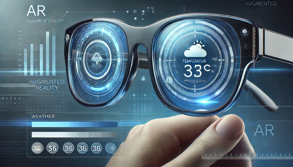 Close-up of AR glasses showing a weather forecast overlay on transparent lenses.