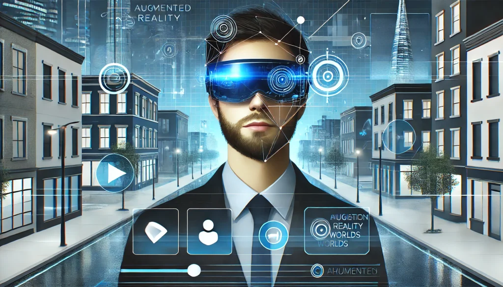 User wearing AR glasses with digital navigation and notifications in an urban setting.