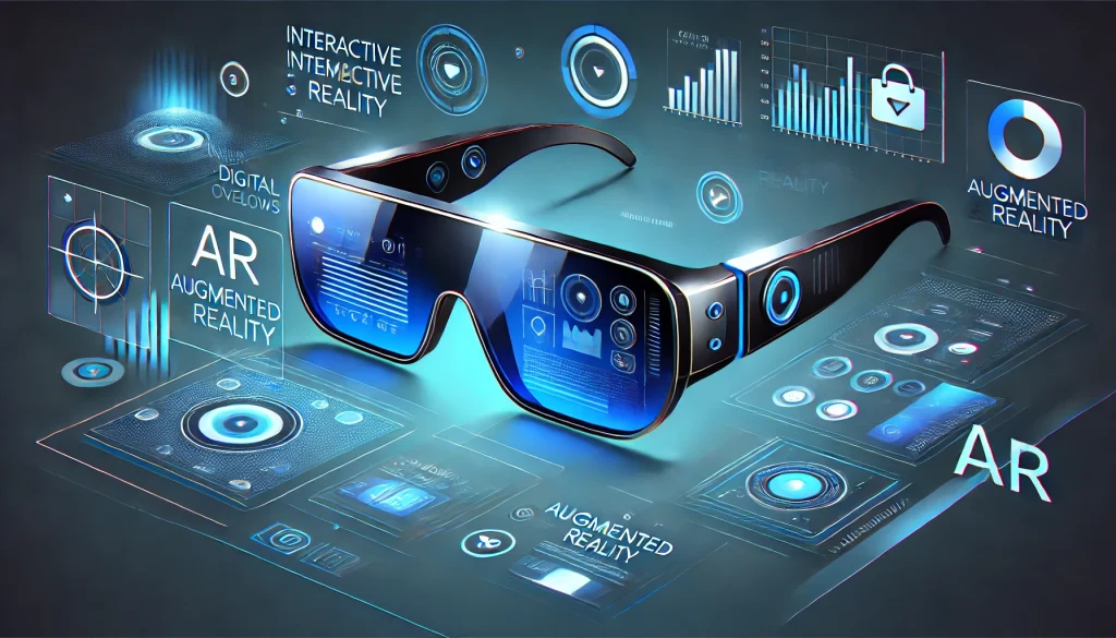 A pair of augmented reality glasses displaying digital overlays in real-world settings.