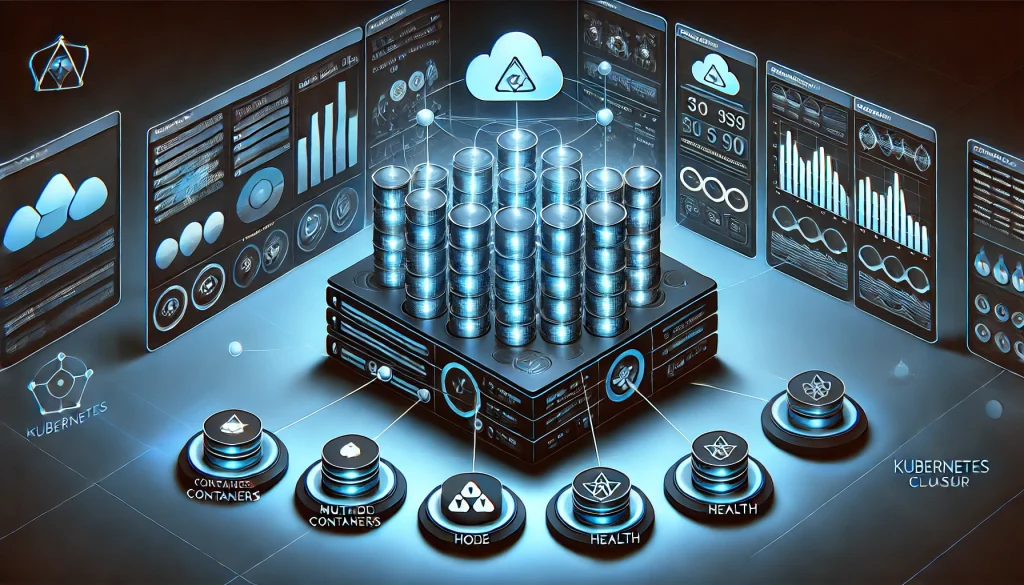 Dashboard showing a Kubernetes cluster deployment with container orchestration and node health status.