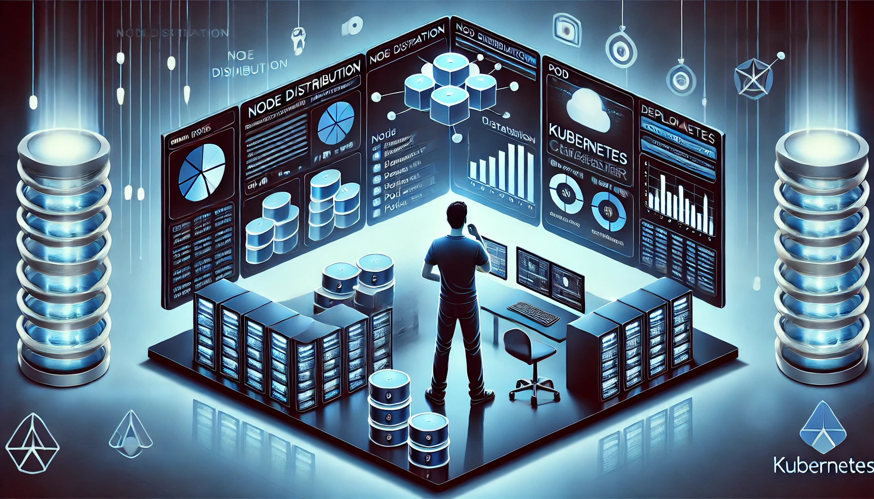 Engineer monitoring a Kubernetes cluster on multiple screens, showcasing node distribution, pod statuses, and deployment automation in a real-time setting.