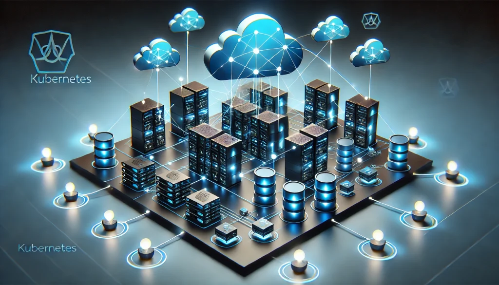 Kubernetes cluster visual with interconnected nodes, containers, and load balancers for scalable deployment.