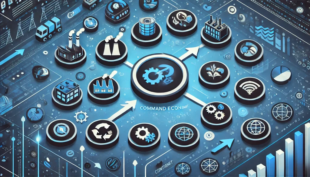 Command economy concept showing government control over industry and resources.