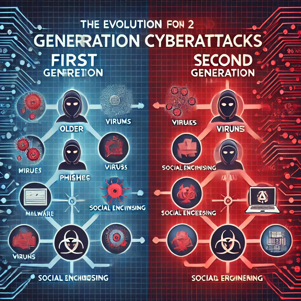 1세대에서 2세대 사이버 공격으로의 진화를 보여주는 그림으로, 지능형 멀웨어, 피싱 수법 및 차세대 보안 취약점을 강조합니다.