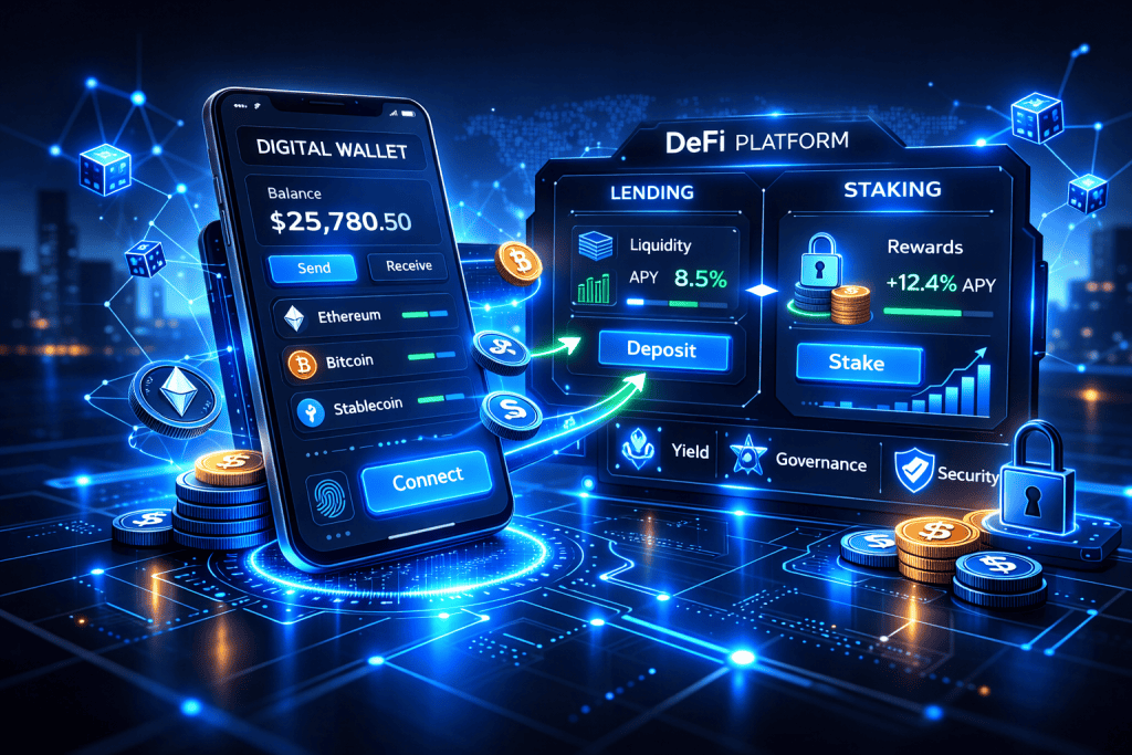 Digital wallet connecting to DeFi lending and staking platform interfaces.