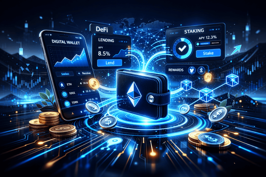 Digital wallet transferring assets to DeFi lending and staking dashboard.