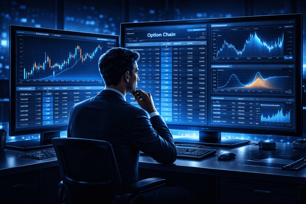 Trader analyzing option chain and volatility charts on multiple monitors.