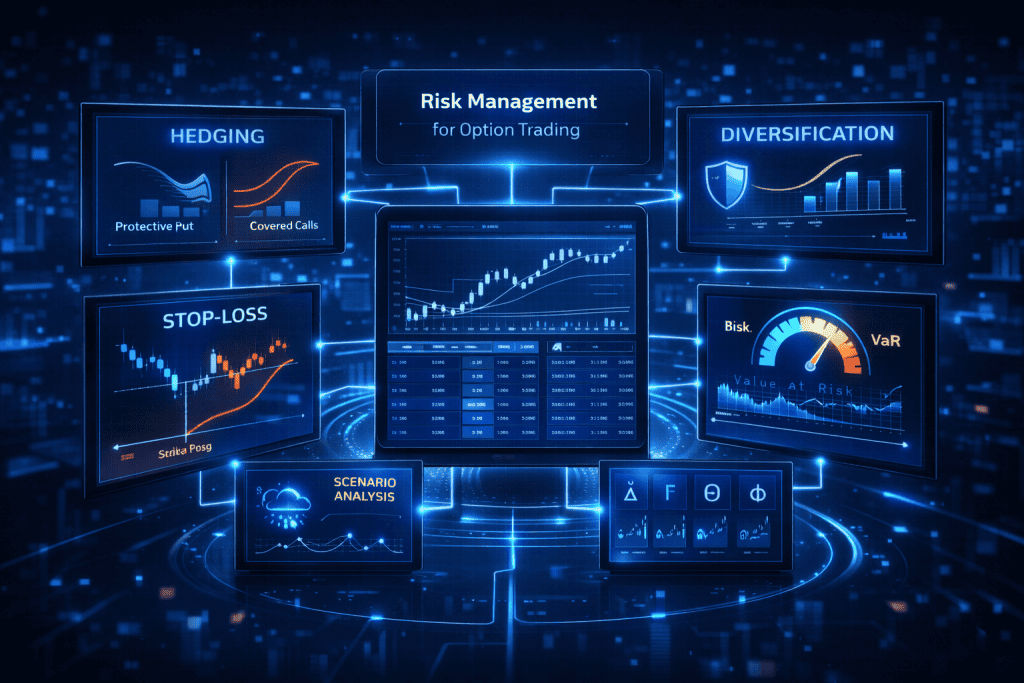 Risk management dashboard showing hedging, VaR, and options portfolio controls.