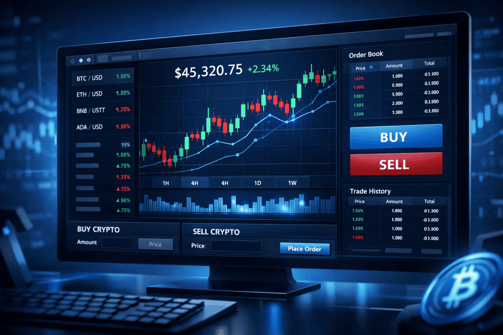 Close-up crypto exchange dashboard with price chart and buy/sell controls.