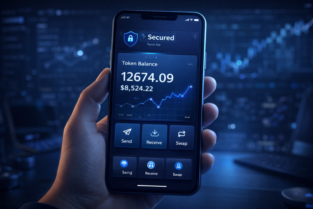 Mobile crypto wallet app showing secure token balance and action buttons.