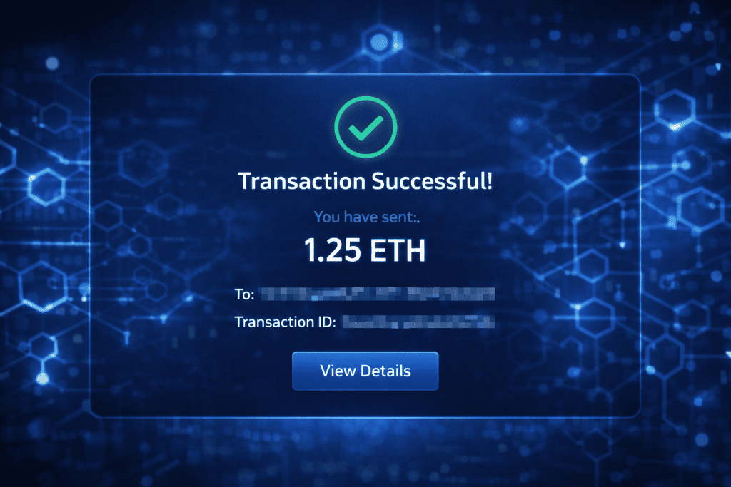 Transaction successful screen with View Details button.