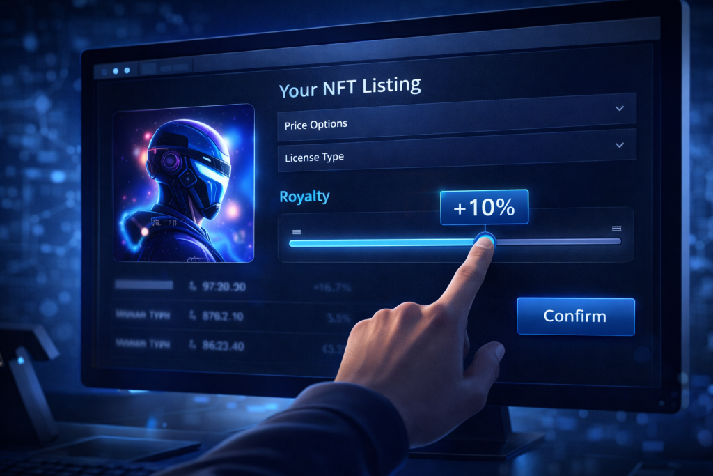 Creator adjusting NFT royalty percentage with Confirm button.