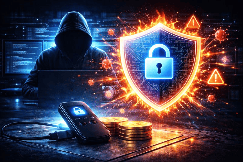 Shield blocks hacker from accessing crypto cold wallet.