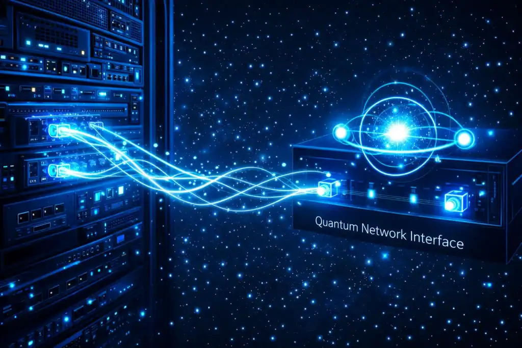 Concept art of a data center rack connected to a quantum network interface, with photon streams traveling through optical cables.