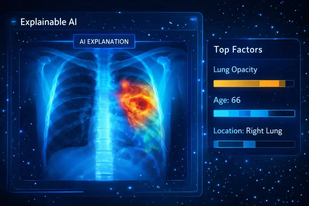 Medical AI explanation graphic: chest X-ray with heatmap overlay and a side panel listing top factors used by Explainable AI.
