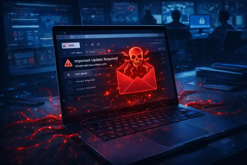 Malware attack spreading through email phishing on a laptop in a cybersecurity office
