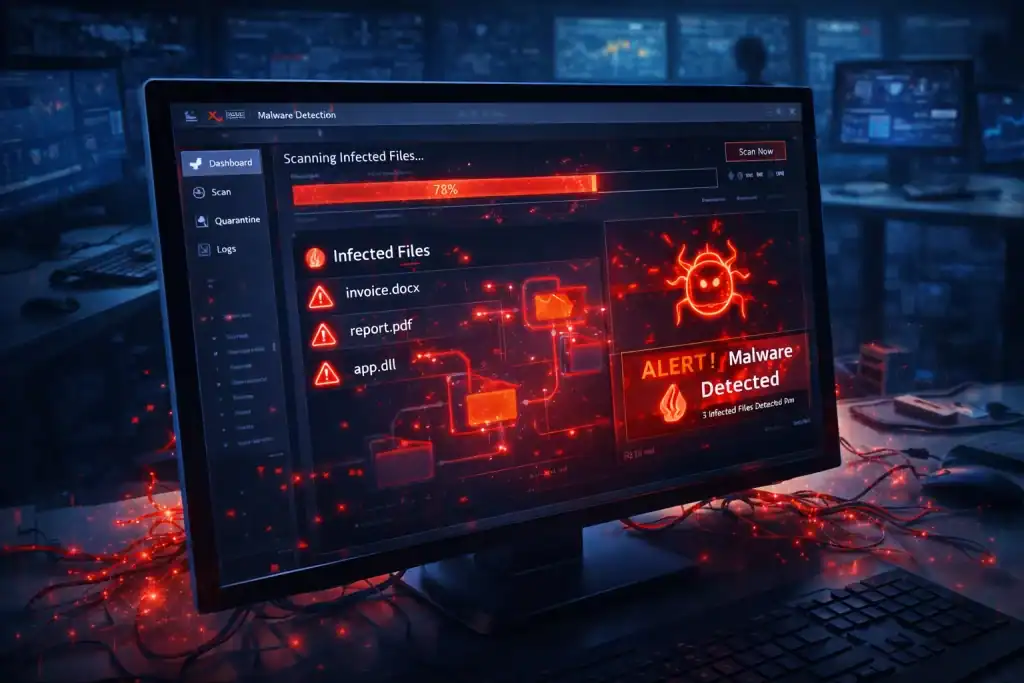Malware detection software scanning infected files across a corporate computer system