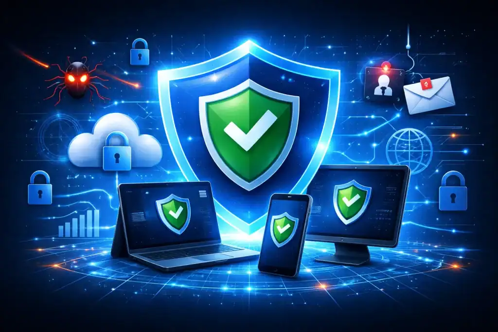 Antivirus cybersecurity concept defending business devices