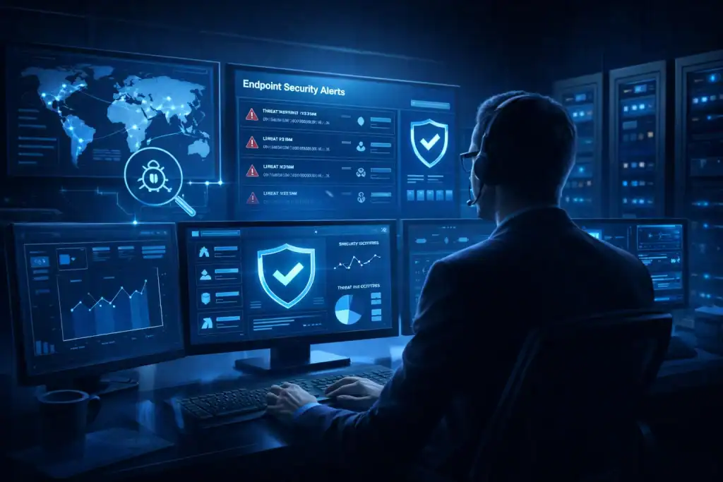 Cybersecurity analyst reviewing real-time Endpoint Security