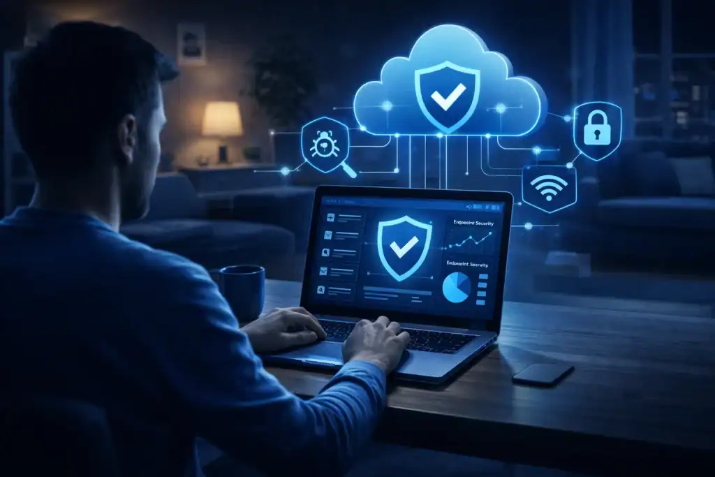 Remote employee using a secured laptop at home with cloud-based Endpoint Security defending against digital threats