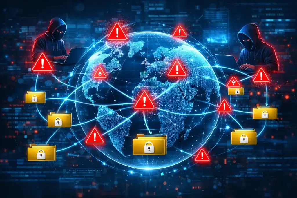 Ransomware spreading through a global digital network with red alert symbols, locked folders, and hackers targeting connected systems