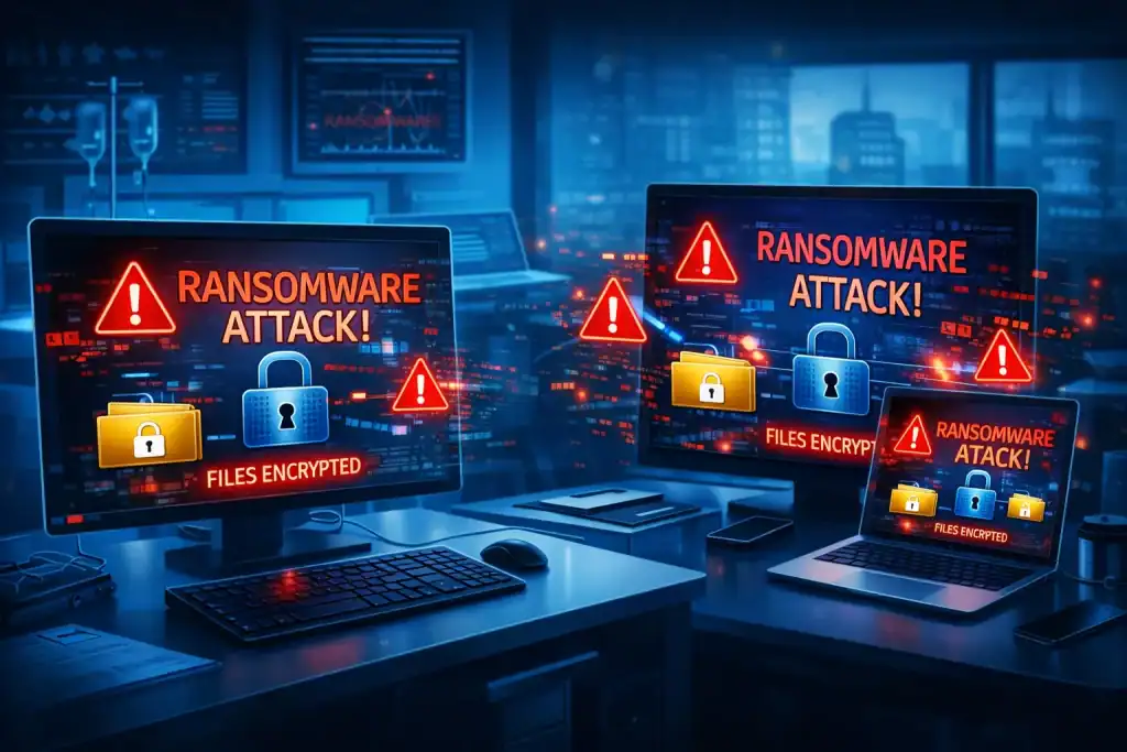Ransomware infecting hospital and business computer systems with file lock icon