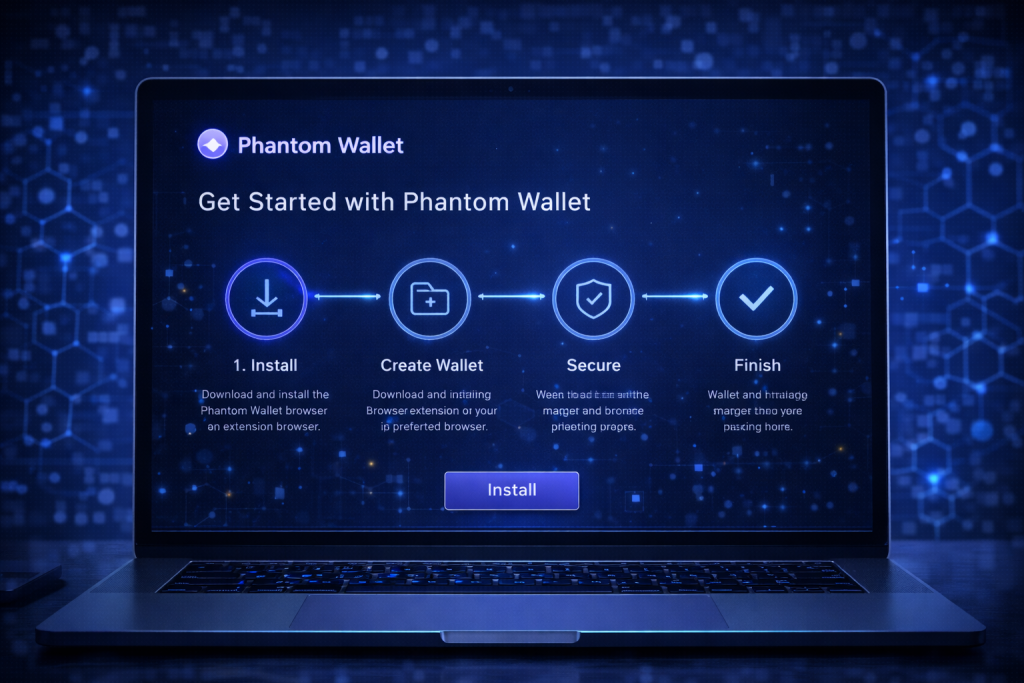 Laptop showing Phantom Wallet setup steps with Install button.