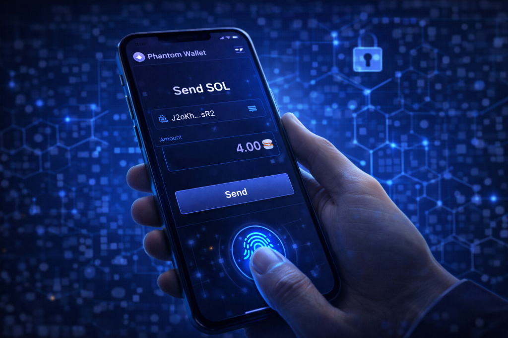 User sending Solana tokens with biometric confirmation in Phantom Wallet app.