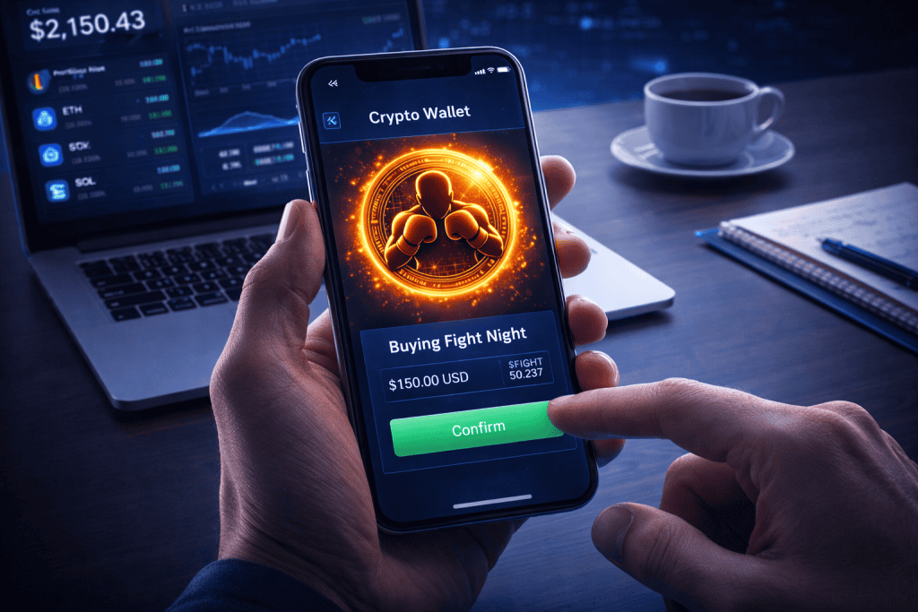 Beginner buying Fight Night token on wallet app at desk