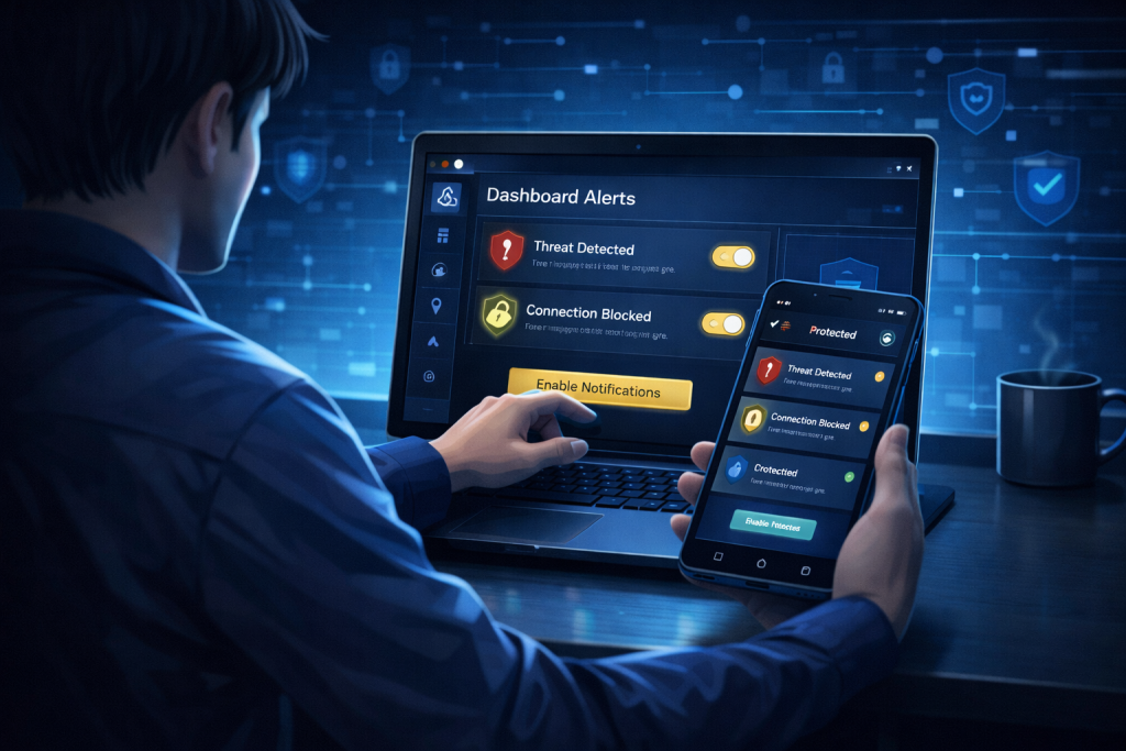 User setting up Norton Identity Theft Protection alerts on laptop and smartphone