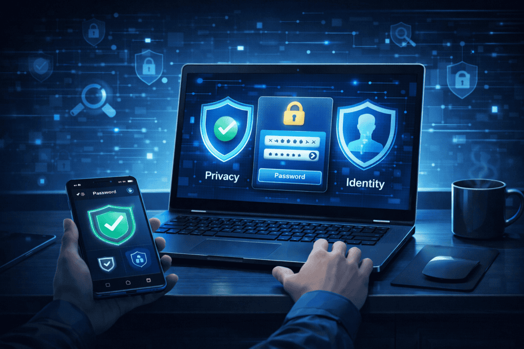 Safe online browsing with privacy, password, and identity protection visuals