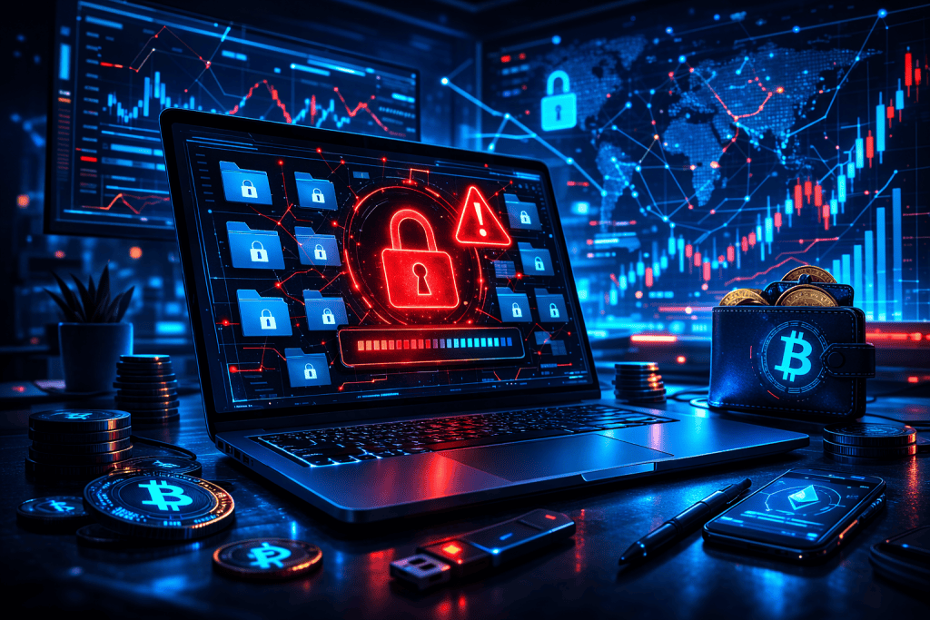 Laptop with encrypted files and ransomware alert in crypto workspace