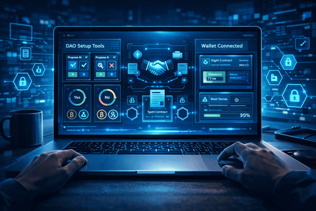 Laptop showing DAO setup tools, wallet connection, and governance workflow
