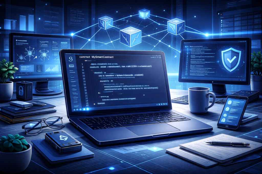 Developer laptop coding Solidity smart contract in futuristic blockchain workspace.