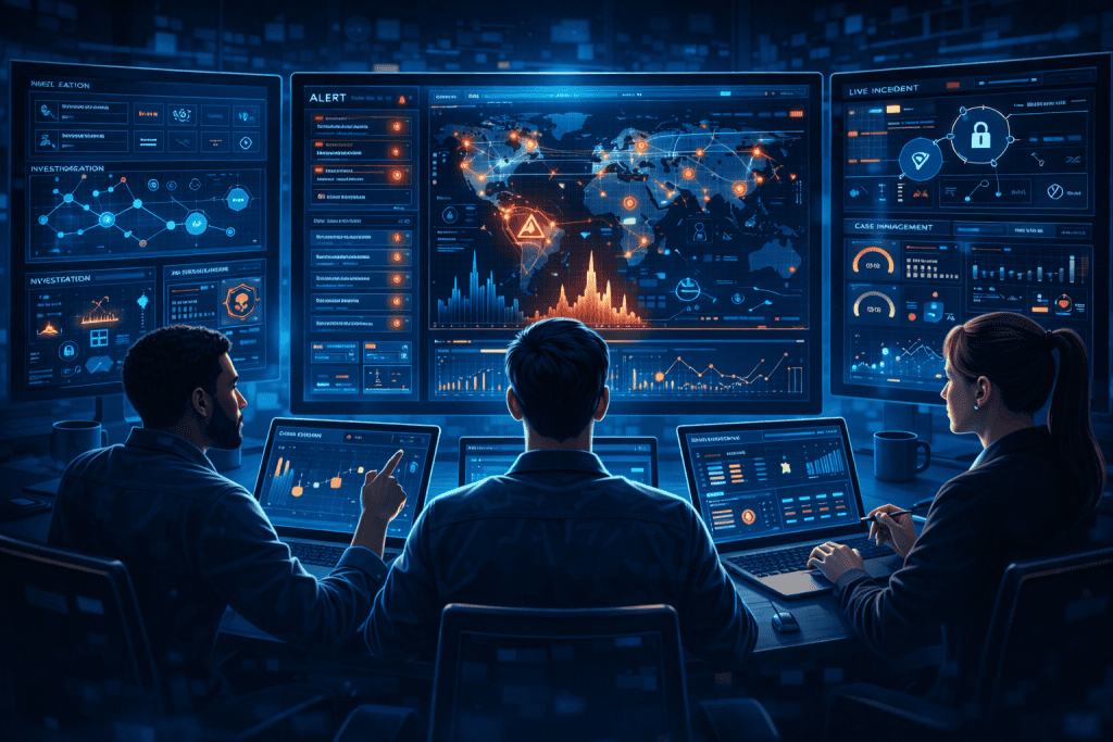Security team reviewing cyber threats and real-time incident response data