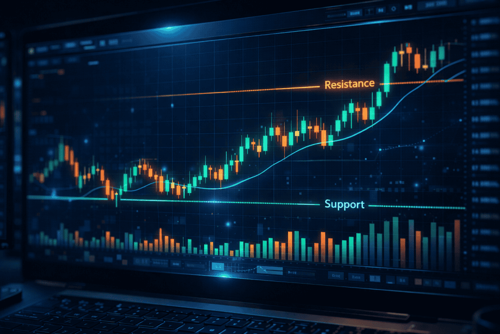 Technical analysis chart with support resistance lines and volume indicators