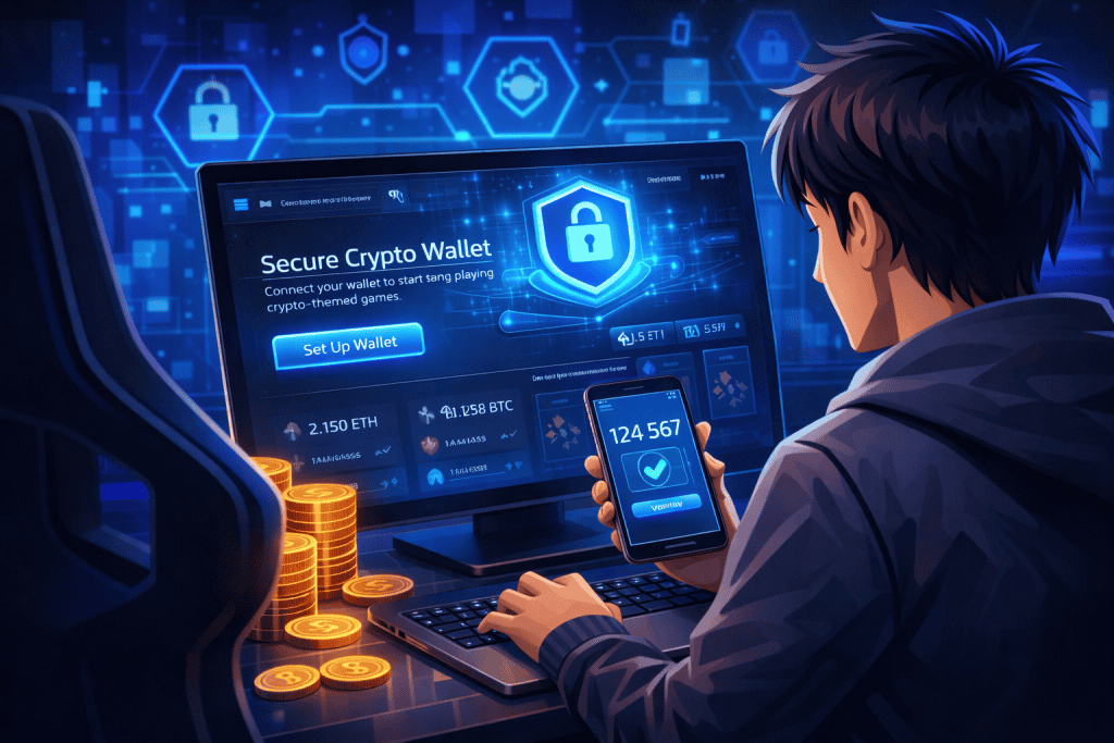 Gamer setting up a secure crypto wallet on computer.