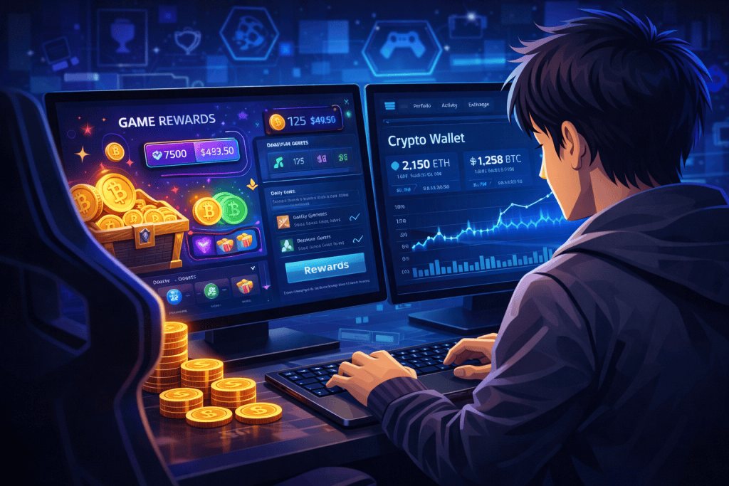 Player tracking crypto game rewards and tokens beside dashboard charts.