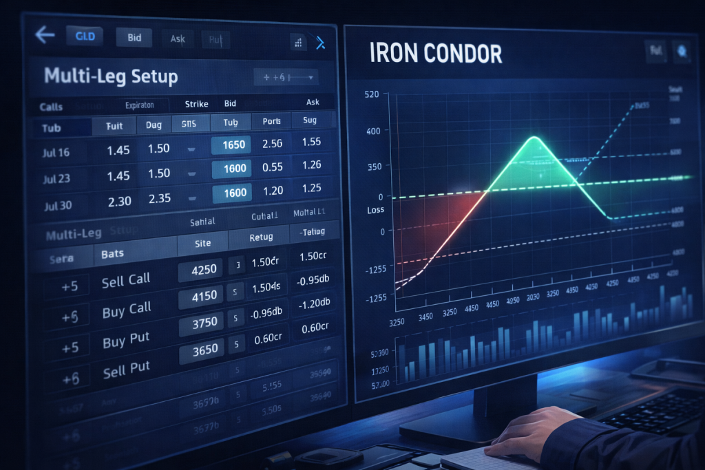 Options chain screen with multi-leg setup and risk-reward graph.