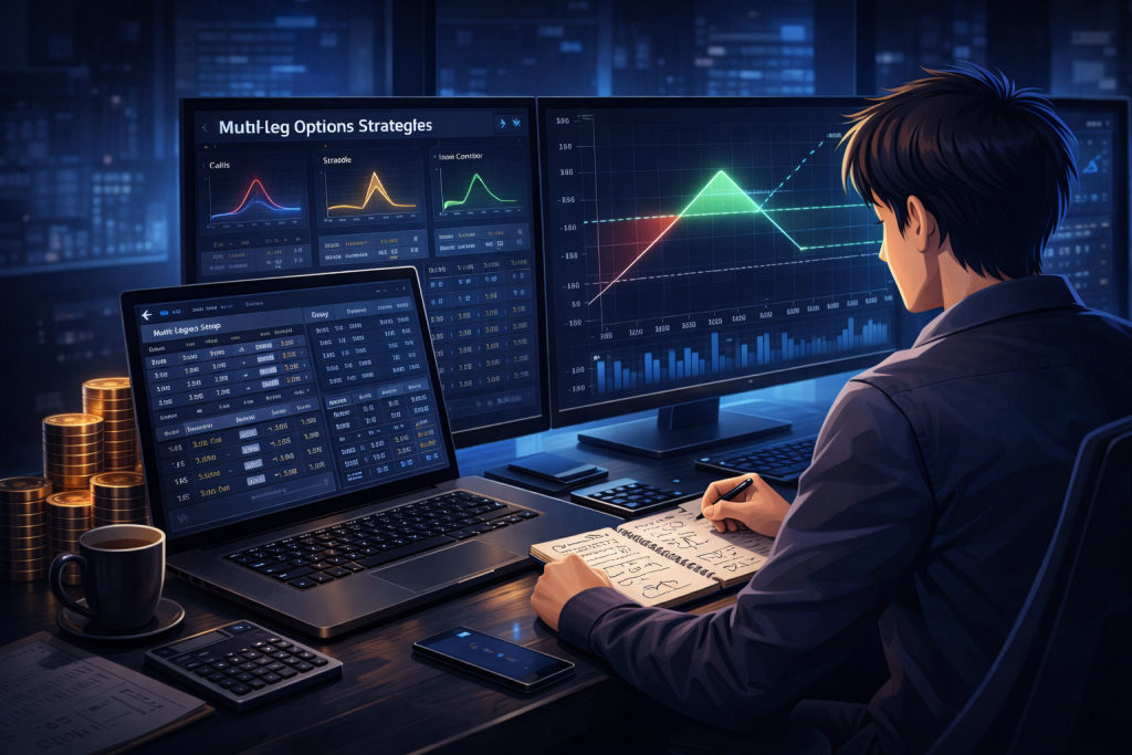 Investor planning multi-leg options trades with laptop and charts.