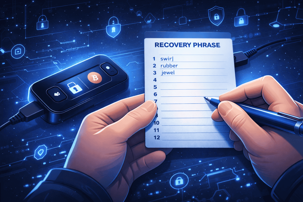 Hands writing seed words beside hardware wallet offline