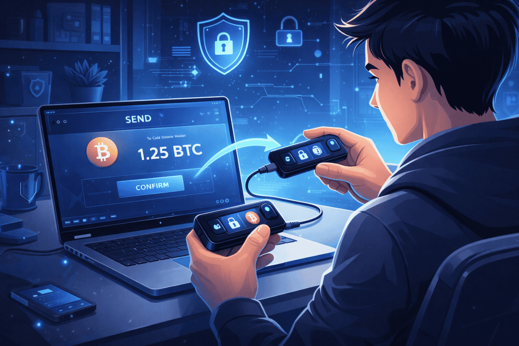 Crypto user transferring funds to cold wallet at desk