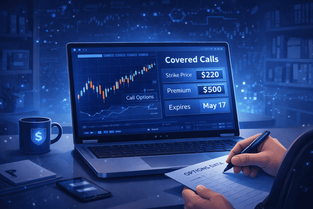 Laptop showing covered calls trade setup and options details